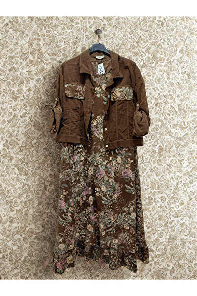 Tuana Otantik Çiçek Desen Kadife İkili Elbise Ceket Takım