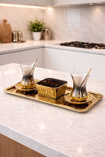 isra kristal Luxury Tea Presentation Set - 2 Tea Cups and Turkish Delight Bowl with Tray - Modern Tea Presentation Tray Set