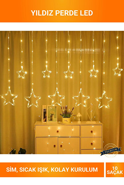 Letsii 10 Saçaklı 8 Fonksiyonlu Eklemeli Sıcak Sarı Yıldız Perde LED Işık Sis...