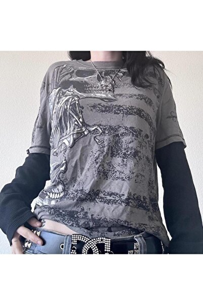 BALİNA Füme Vintage Siyah Kollu Skull Transition Cyber Grunge İnce Sweatshirt