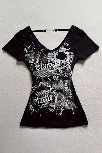 8line Μαύρο Startle Strap Gothic κοντομάνικο Crop