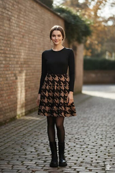 MAKSEN TEKSTİL Suede Velvet Pocketless Patterned Elastic Midi Women's Shorts Skirt