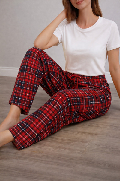 Bahar Altundemir Women's Relaxed Fit Elastic Cotton Red Checkered Pajama Bottoms