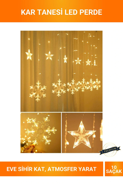 Letsii 10 Saçaklı Kar Tanesi ve Yıldız Desenli Perde LED Işık Sıcak Beyaz