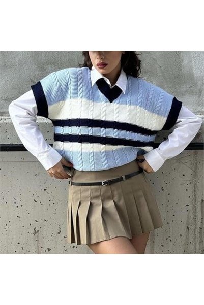 BALİNA Mavi Ekru Şeritli V Yaka Oversize Süveter