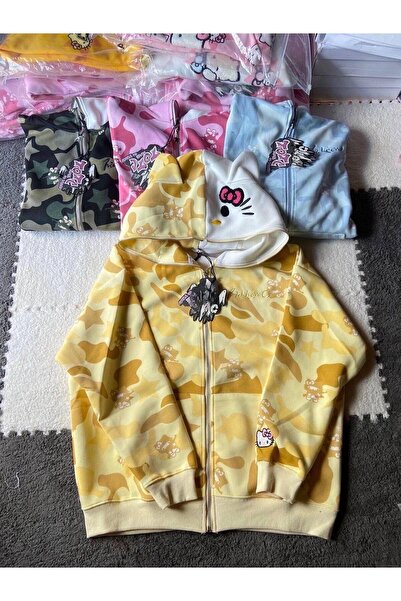 BALİNA Sarı Hello Kitty Y2K Unisex Hoodie Fermuarlı Uzun Kollu Hırka -BLN
