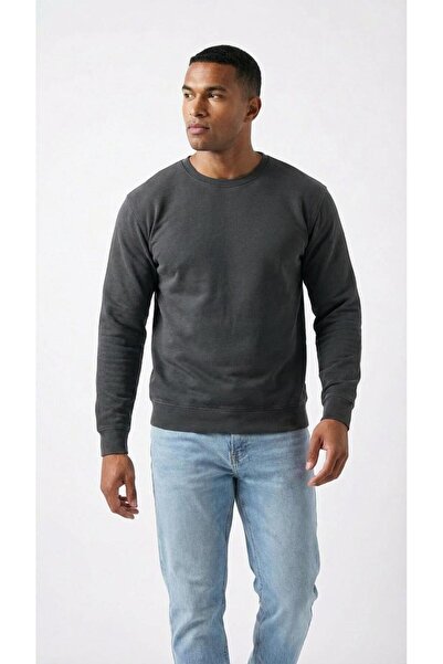 KLY سويت شيرت رجالي أساسي برقبة دائرية وأكمام طويلة مصنوع من القطن بنسبة 100% بلون مدخن C4T0N5