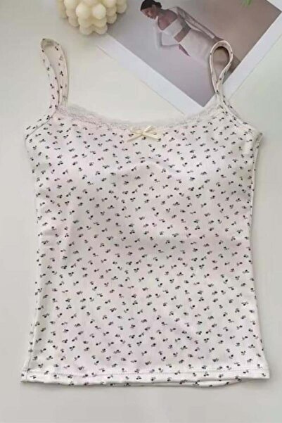 8line Ecru Mini Bow and Floral Patterned Strap Crop