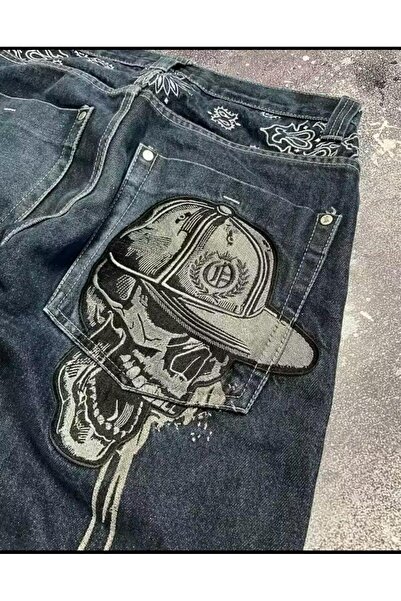 8line Pantaloni largi din denim largi, albastru bleumarin, pe partea din spat...