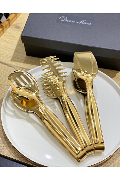 Komşu Züccaciye Gold Service Presentation Pasta Cake Salad Cake Tongs Set Set of 3