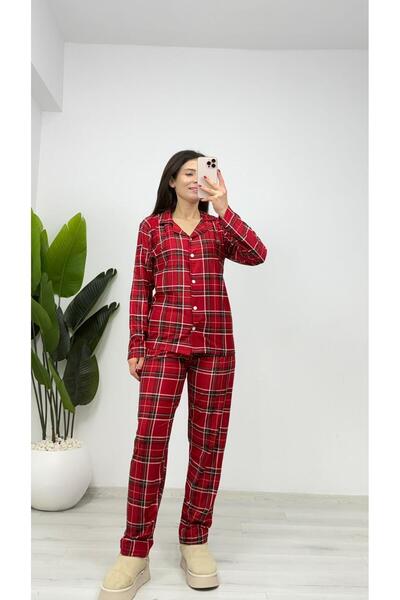 TUNAM BUTİK Pj14 Suede Buttoned Green Striped Shirt Collar Pajama Set Red