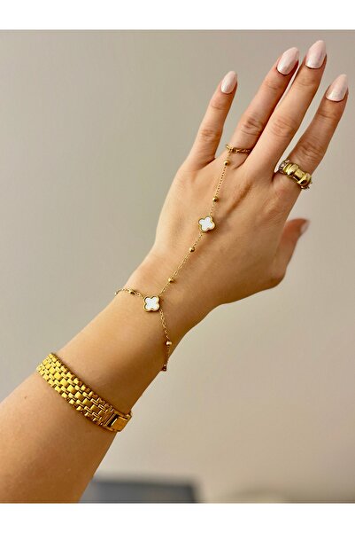 Kiki Golden Clover Beyaz Yonca Detaylı Çelik Şahmeran Kadın Bileklik – Jewellery