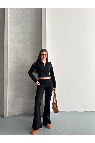 eyyebelle طقم نسائي قصير من قماش سالونيك مكون من ياقة مرتفعة متوسطة الطول قطع بسحاب نصفي