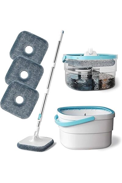 Arabest طقم ممسحة ودلو منزلي دوار مع 3 قطع من وسادات المايكروفايبر القابلة لإعادة الاستخدام، ممسحة ذاتية العصر تدور 360 درجة