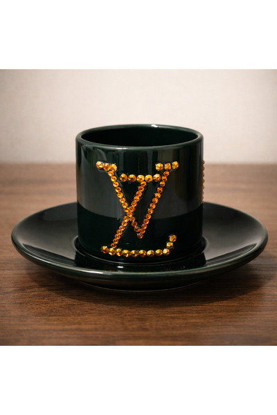 YAMYBEECANDLES Lüks Taş Detaylı Koyu Yeşil Kahve Fincanı