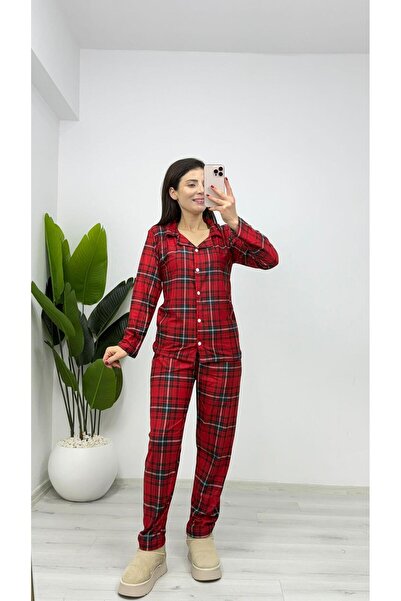 TUNAM BUTİK Pj14 Suede Buttoned Shirt Collar Pajama Fit Mold Set Red