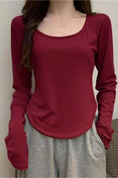 8line Burgundy Basic Long Sleeve Crop