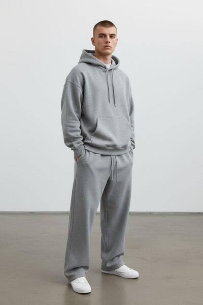 Altamira Erkek Gri Kapşonlu Oversize 3 İplik Kalın Eşofman Takım