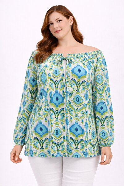Şans Bluză pentru femei de mărime mare, turcoaz, cu detaliu croșetat la guler, mâneci raglan, cu mâneci elastice 65N39291