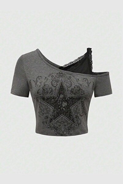 BALİNA Füme Gothic Star Ek Askılı Kısa Kollu Crop