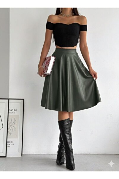 buğrahayalin Women's High Waist Leather Flared Skirt
