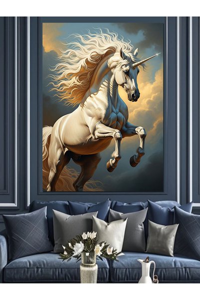 Artmeg Pânză decorativă cu cal unicorn alb în galop - Masă din lemn MDF