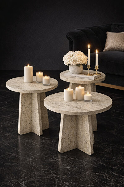 Sarenzo 3 Lü Zigon Sehpa İskandinav Stili - Traverten Görünüm