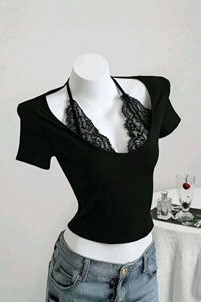 Yukatay Black Tie-Up Lace Attached Short Sleeve Crop