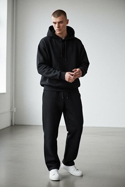 Altamira Men's Black Hooded Oversized 3 Thread Thick Tracksuit Set