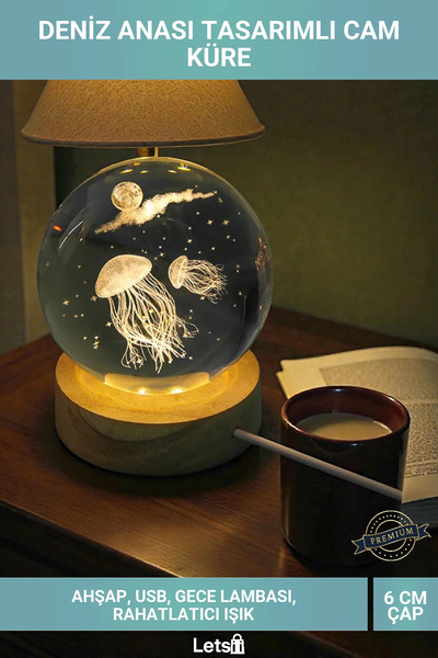 Letsii Deniz Anası Tasarımlı Işıklı Ahşap Tabanlı Cam Küre Gece Lambası