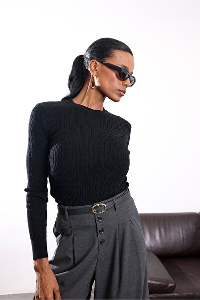 5in1Canpolat Black Hair Knit Crew Neck Core-Spun Knitwear