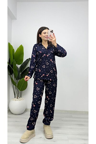 TUNAM BUTİK Pj14 Suede Buttoned Shirt Collar Pajama Set Navy Blue
