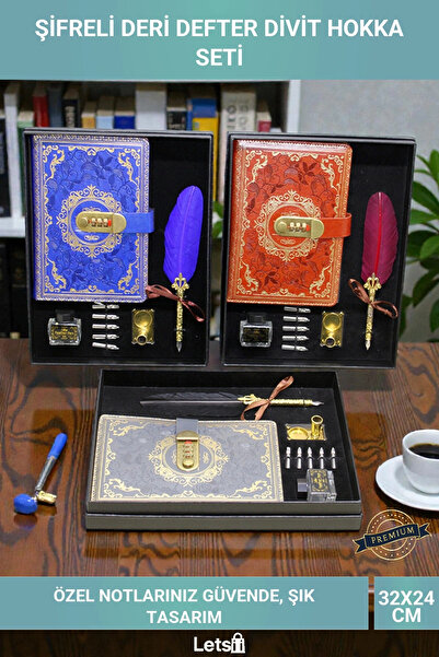 Letsii Şifreli Deri Defter Divit Kalem Hokka Mürekkep Seti Nostaljik Yazı Yaz...