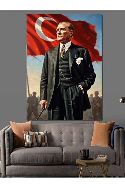 Tablo Mega Mustafa Kemal Atatürk Ve Bayrak Dekoratif Kanvas - Mdf Ahşap Tablo