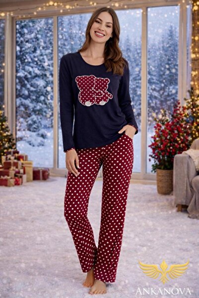 ANKANOVA Women's Winter Cotton Bottoms Burgundy Color Polka Dot Pattern Top Navy Blue Pajama Set