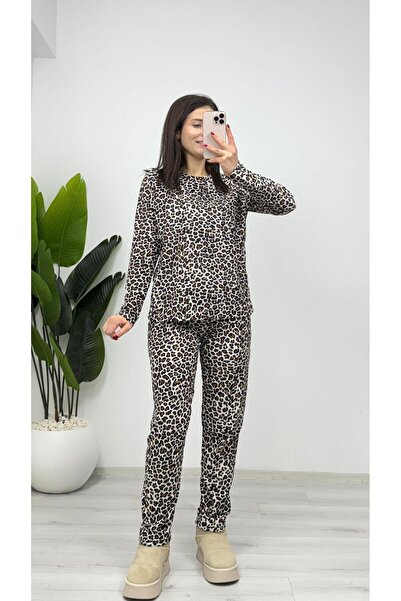 TUNAM BUTİK Pj14 Suede Leopard Pattern Pajama Set Fit Mold Brown