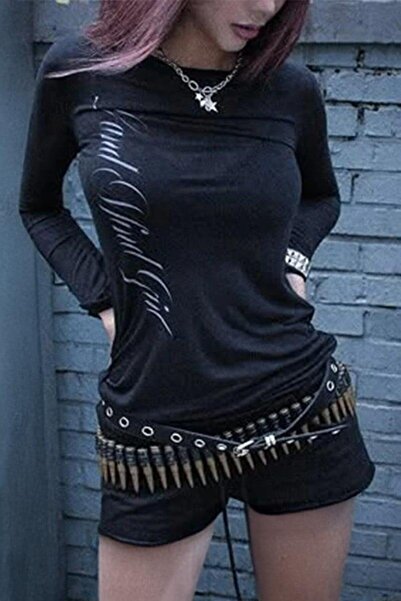 BALİNA Siyah Gotik Sırt Baskılı Wing Geniş Yaka Y2K Uzun Kollu Crop