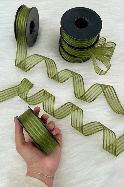 ZEYMERADE Grass Green Hilton Striped Chiffon Ribbon 2.5 cm 20 Meters, Bohça, Engagement, Dowry, Gift, Wedding, Decoration