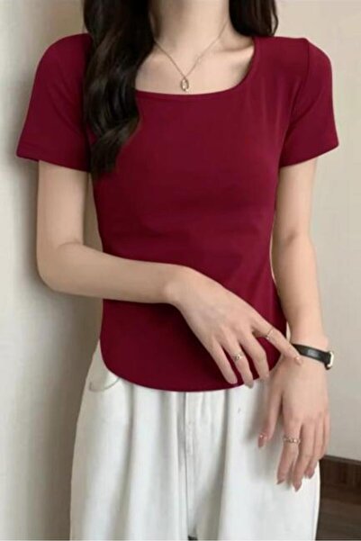 8line Burgundy Basic Short Sleeve Crop
