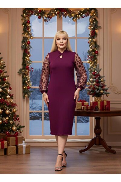 LİKRA Women's Plus Size Flowered Tulle Sleeve Flexible Sandy Evening Dress