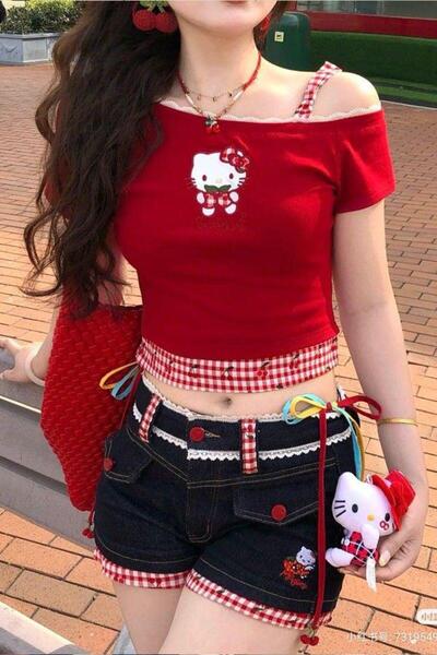 8line Red Hello Kitty Short Sleeve Crop Top with Embroidered Back and Additio...