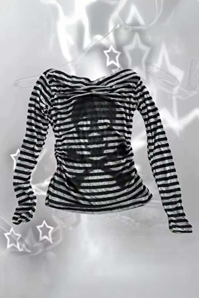 8line Μαύρο γκρι ριγέ μακρυμάνικο μπλουζάκι Y2K