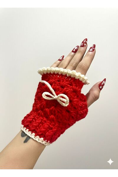 Leila Design قفازات محبوكة يدويًا باللون الأحمر