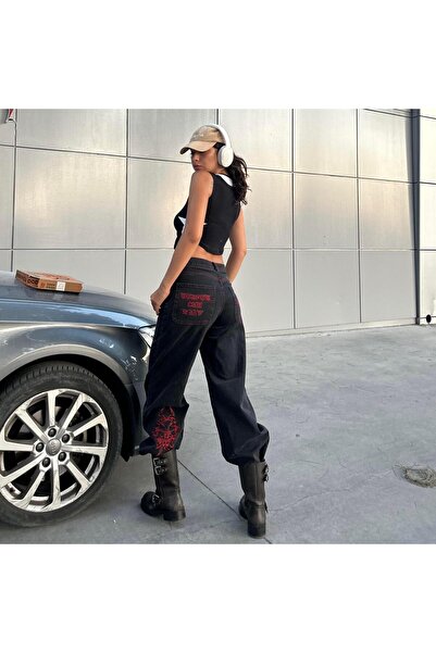 8line Black Embroidered Skeleton Heaven Can Wait Streetwear Jean Trousers