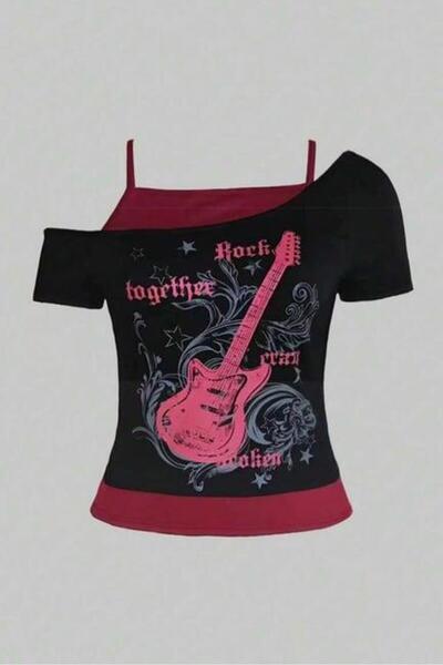 8line Black Rock Together Pink Guitar Crop cu mânecă scurtă pentru întregul c...