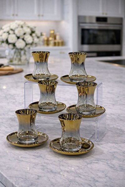 isra kristal Lüks Gold 6’lı Cam Çay Seti – Şık Çay Bardağı ve Tabak Takımı – ...