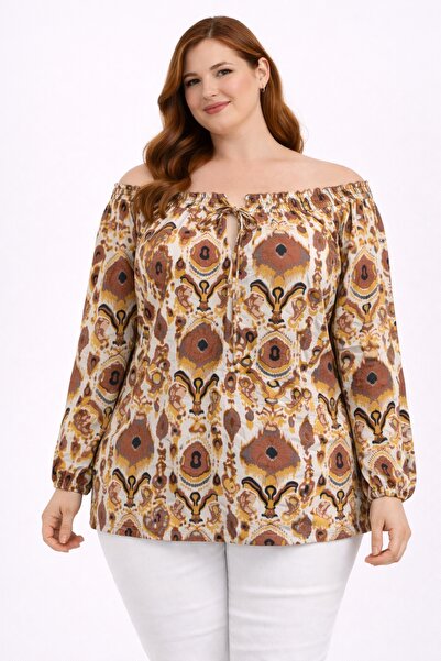 Şans Bluză maro pentru femei de mărime mare, cu detaliu croșetat la guler, mâneci raglan, cu mâneci elastice 65N39291