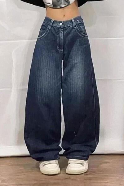 8line Blue Back Side Skull Patched Baggy Pants