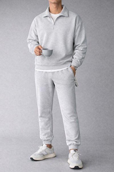 AFROGİYİM Üç İplik Şardonlu Dik Yaka Fermuarlı Erkek Eşofman Takımı