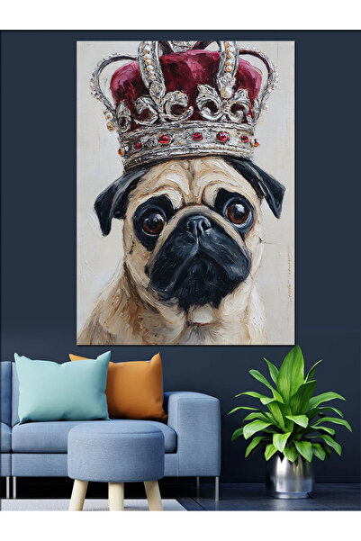 KanvasSepeti Câine Pug cu coroană Pictură în ulei de înaltă calitate texturat...